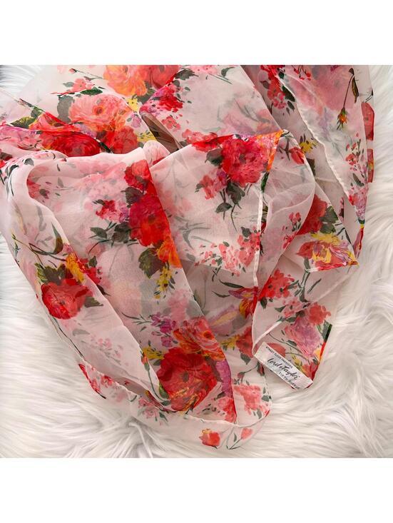 Vintage Lord & Taylor - White bright floral sheer polyester 42” square scarf - Picture 2 of 7